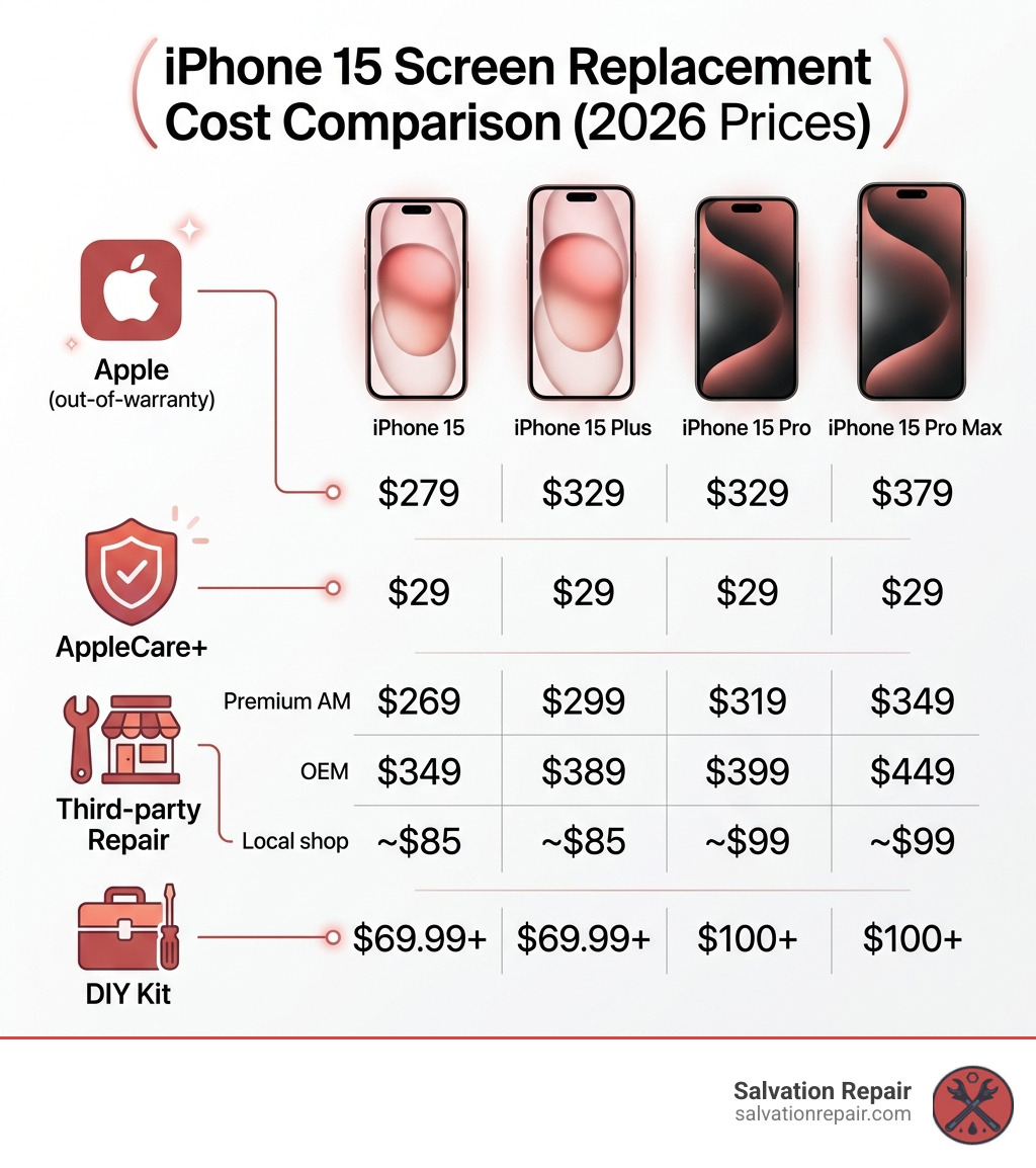 iPhone 15 screen replacement cost comparison infographic: Apple, AppleCare+, third-party, and DIY pricing by model - iphone iPhone 15 screen replacement cost comparison infographic: Apple, AppleCare+, third-party, and DIY pricing by model - iphone