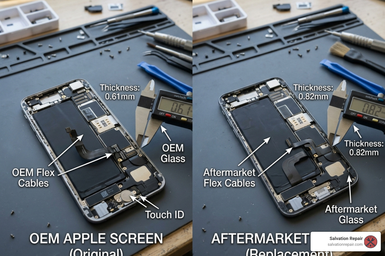 comparison of OEM vs aftermarket screen components showing ribbon cables and glass thickness - iphone 15 screen replacement comparison of OEM vs aftermarket screen components showing ribbon cables and glass thickness - iphone 15 screen replacement