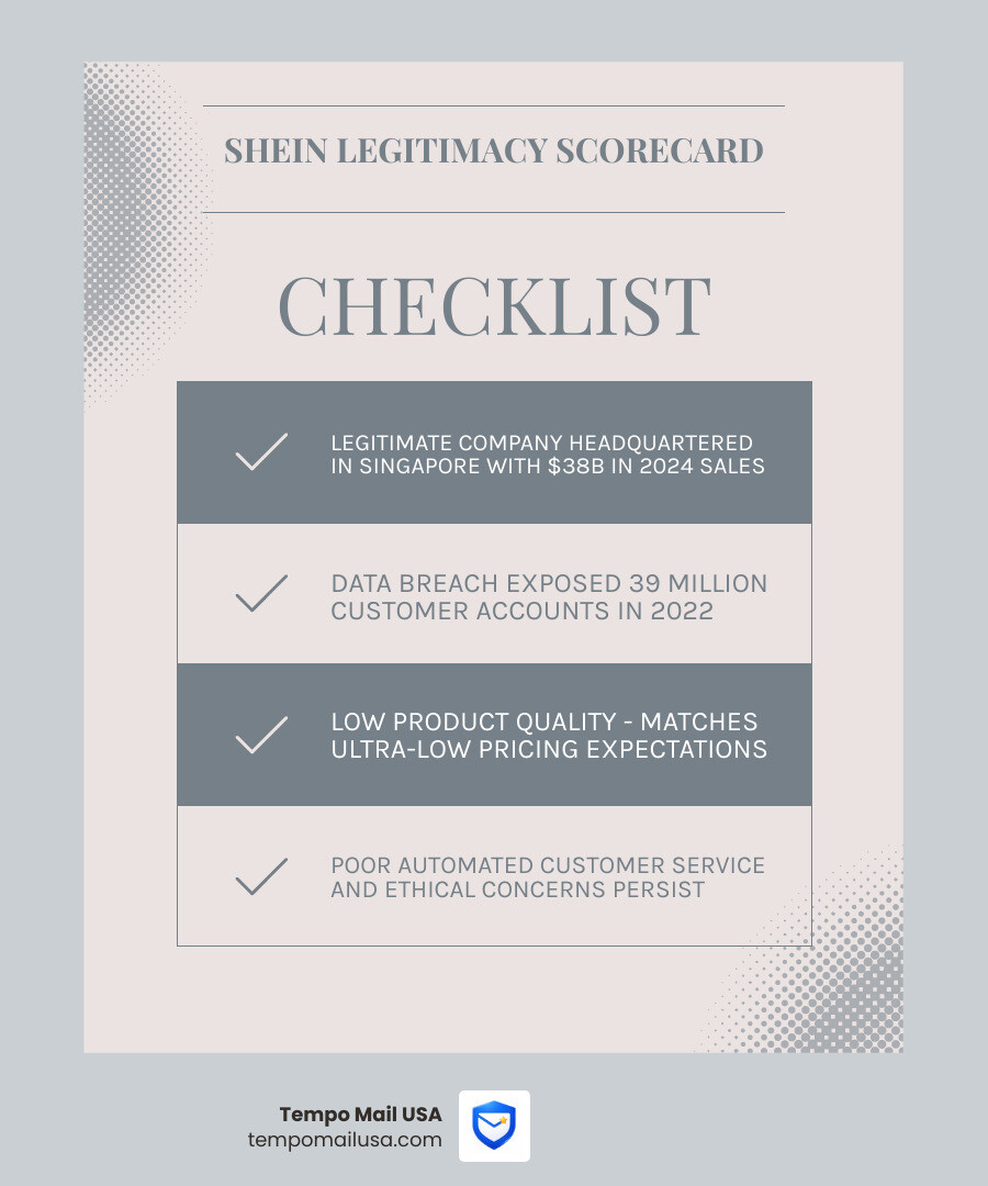 Shein legitimacy scorecard infographic covering data breach history, product quality, ethics, and customer service ratings Shein legitimacy scorecard infographic covering data breach history, product quality, ethics, and customer service ratings