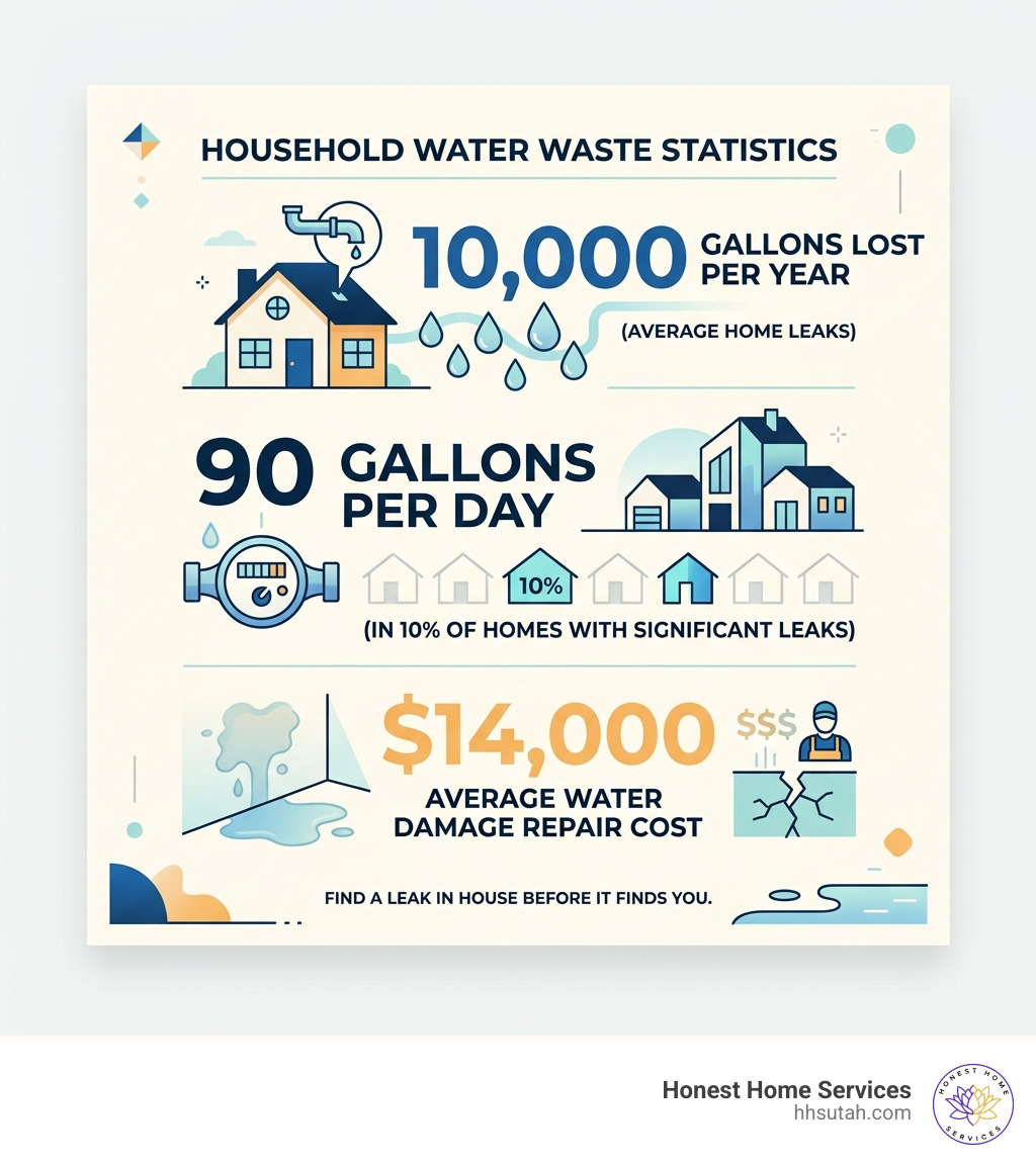 Infographic showing household water waste statistics: 10000 gallons lost per year, 90 gallons per day in 10% of homes Infographic showing household water waste statistics: 10000 gallons lost per year, 90 gallons per day in 10% of homes