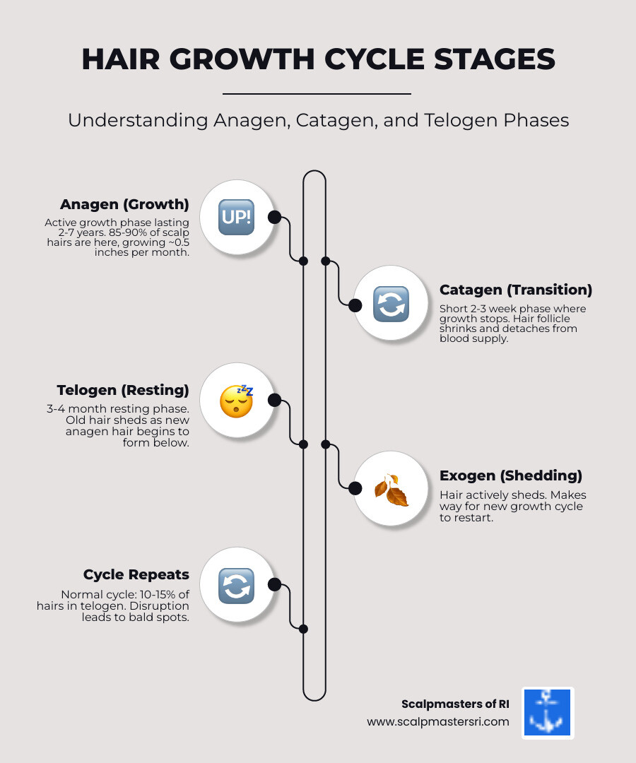 Three stages of hair growth cycle: Anagen, Catagen, and Telogen phases explained - bald spot treatment men infographic