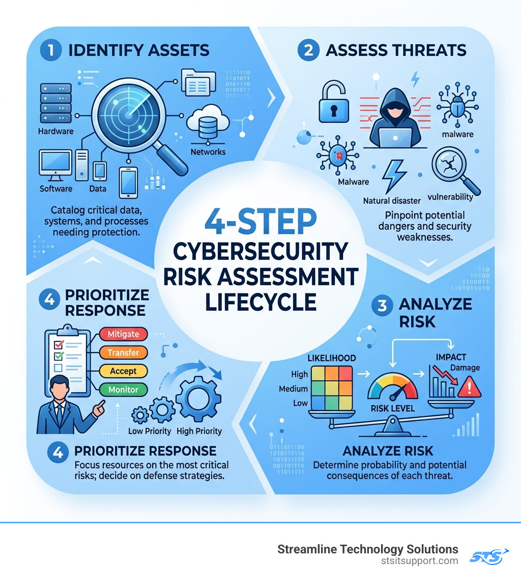 4-step cybersecurity risk assessment lifecycle: identify assets, assess threats, analyze risk, prioritize response