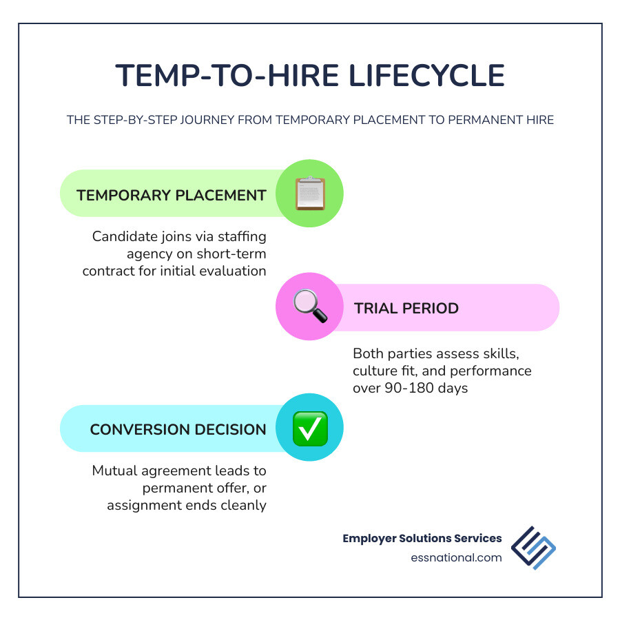 Temp-to-hire lifecycle: application, placement, trial period, evaluation, permanent hire conversion - temp to hire positions
