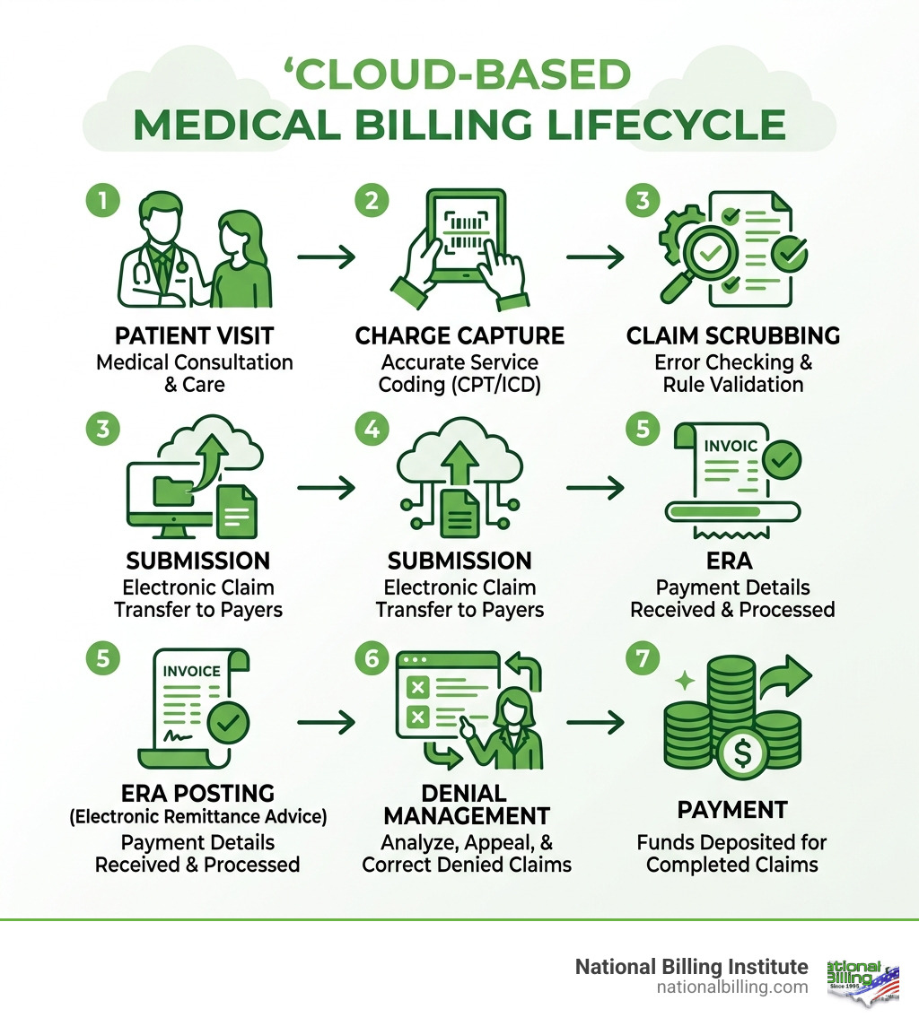 Cloud billing lifecycle infographic: patient visit → charge capture → claim scrubbing → submission → ERA posting → denial