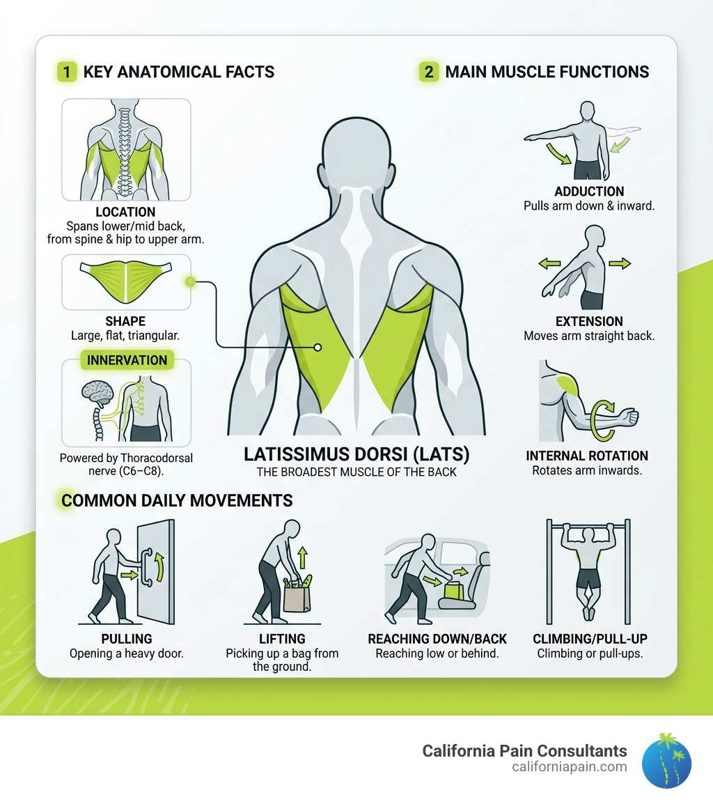 Infographic showing latissimus dorsi functions, daily movements, and key anatomical facts - back muscles lats infographic 