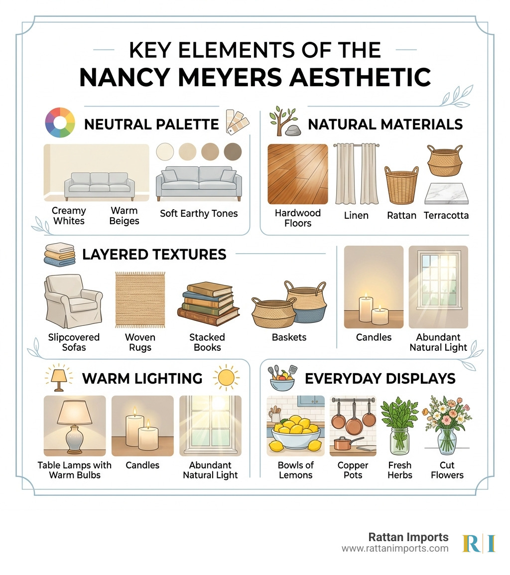 Infographic showing the Nancy Meyers Aesthetic key elements: neutral palette, natural materials, layered textures, warm Infographic showing the Nancy Meyers Aesthetic key elements: neutral palette, natural materials, layered textures, warm