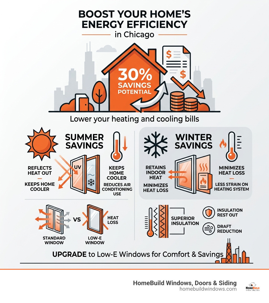 Infographic showing the 30% energy savings potential for Chicago homeowners using Low-E windows - Low-E windows Chicago