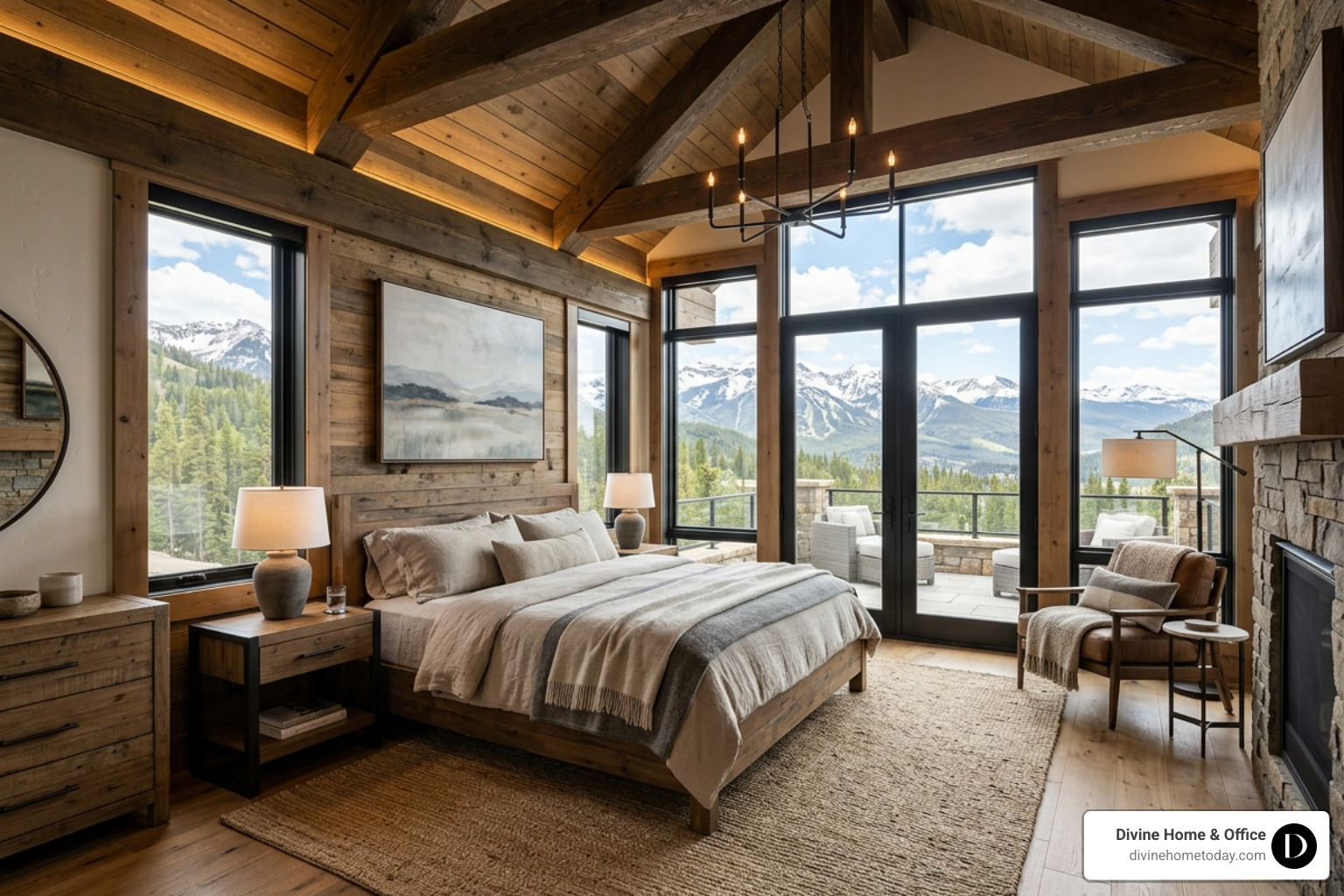 Rustic-modern Colorado luxury bedroom with exposed timber beams, natural fabrics, warm wood tones, large windows with Rustic-modern Colorado luxury bedroom with exposed timber beams, natural fabrics, warm wood tones, large windows with