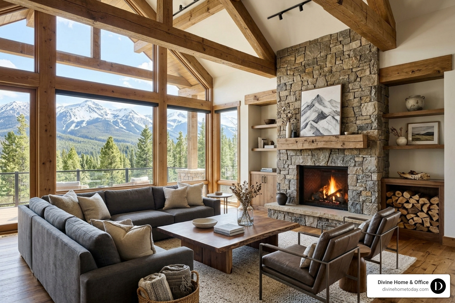 Luxury Colorado mountain living room with stone fireplace, timber beams, warm wood floors, natural textures Luxury Colorado mountain living room with stone fireplace, timber beams, warm wood floors, natural textures