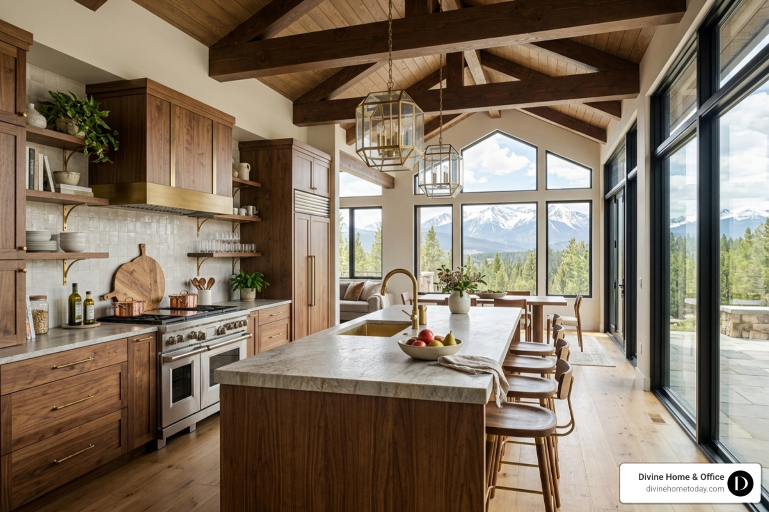 High-end modern mountain kitchen in a million-dollar Denver home, stone countertops, natural wood cabinetry, brass hardware High-end modern mountain kitchen in a million-dollar Denver home, stone countertops, natural wood cabinetry, brass hardware