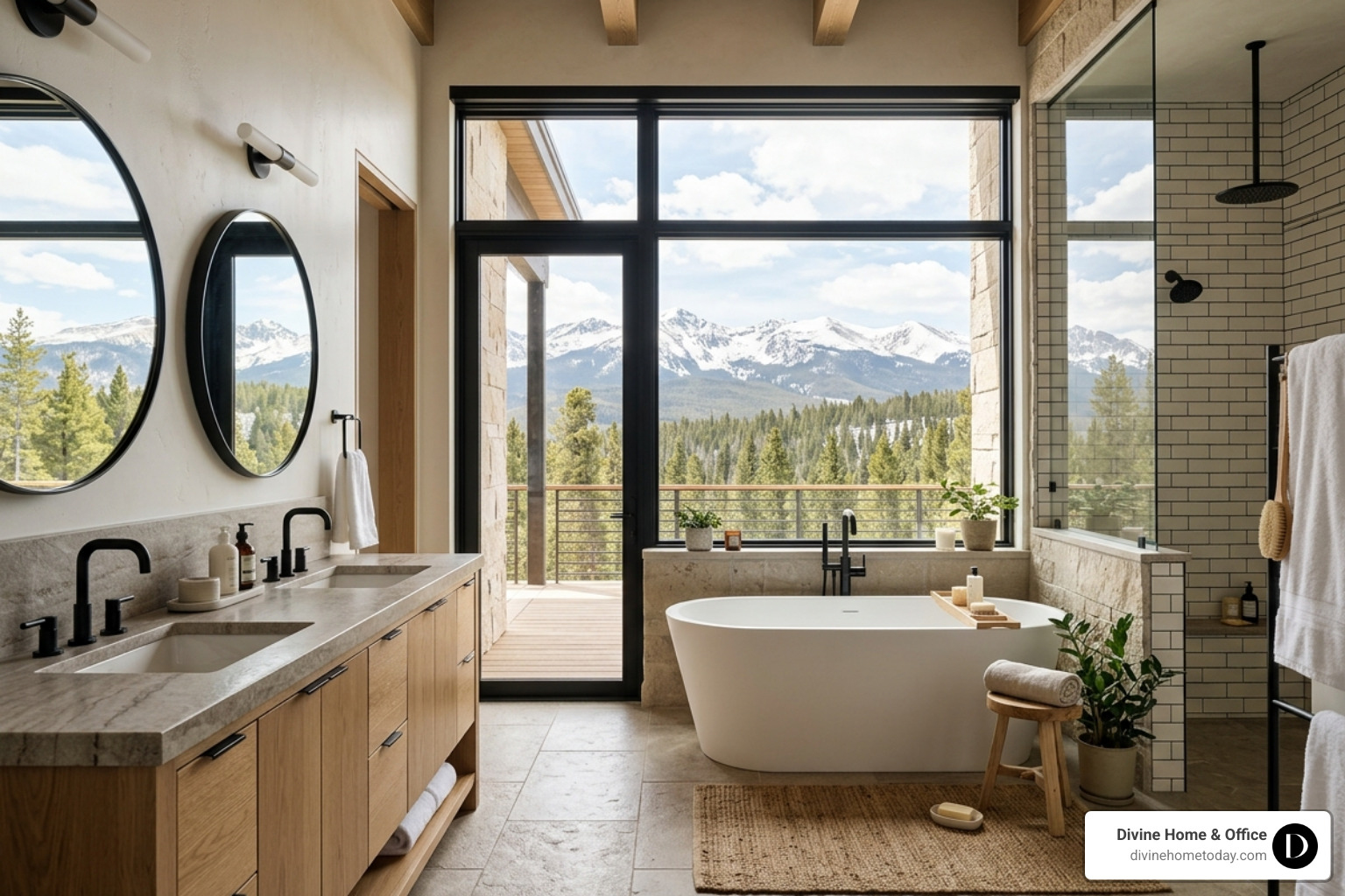 Spa-like modern mountain bathroom in a Denver luxury home, stone counters, natural wood vanity, matte black hardware Spa-like modern mountain bathroom in a Denver luxury home, stone counters, natural wood vanity, matte black hardware