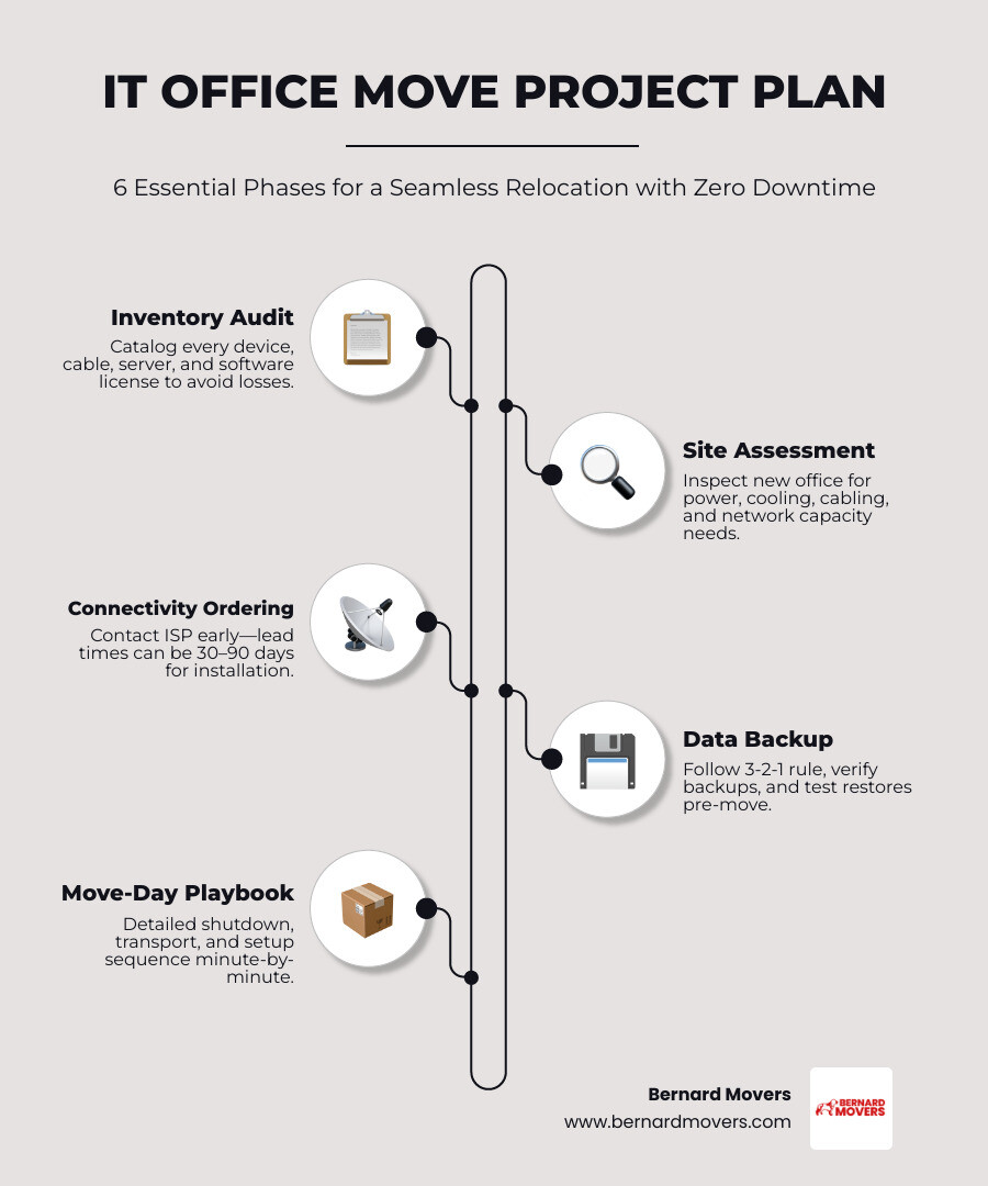 IT office move project plan timeline phases from audit to post-move testing - it office move project plan infographic IT office move project plan timeline phases from audit to post-move testing - it office move project plan infographic