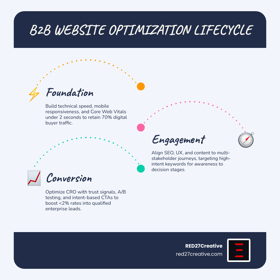 B2B website optimization lifecycle infographic showing pillars, timeline, and conversion stages for 2026 - B2B website B2B website optimization lifecycle infographic showing pillars, timeline, and conversion stages for 2026 - B2B website