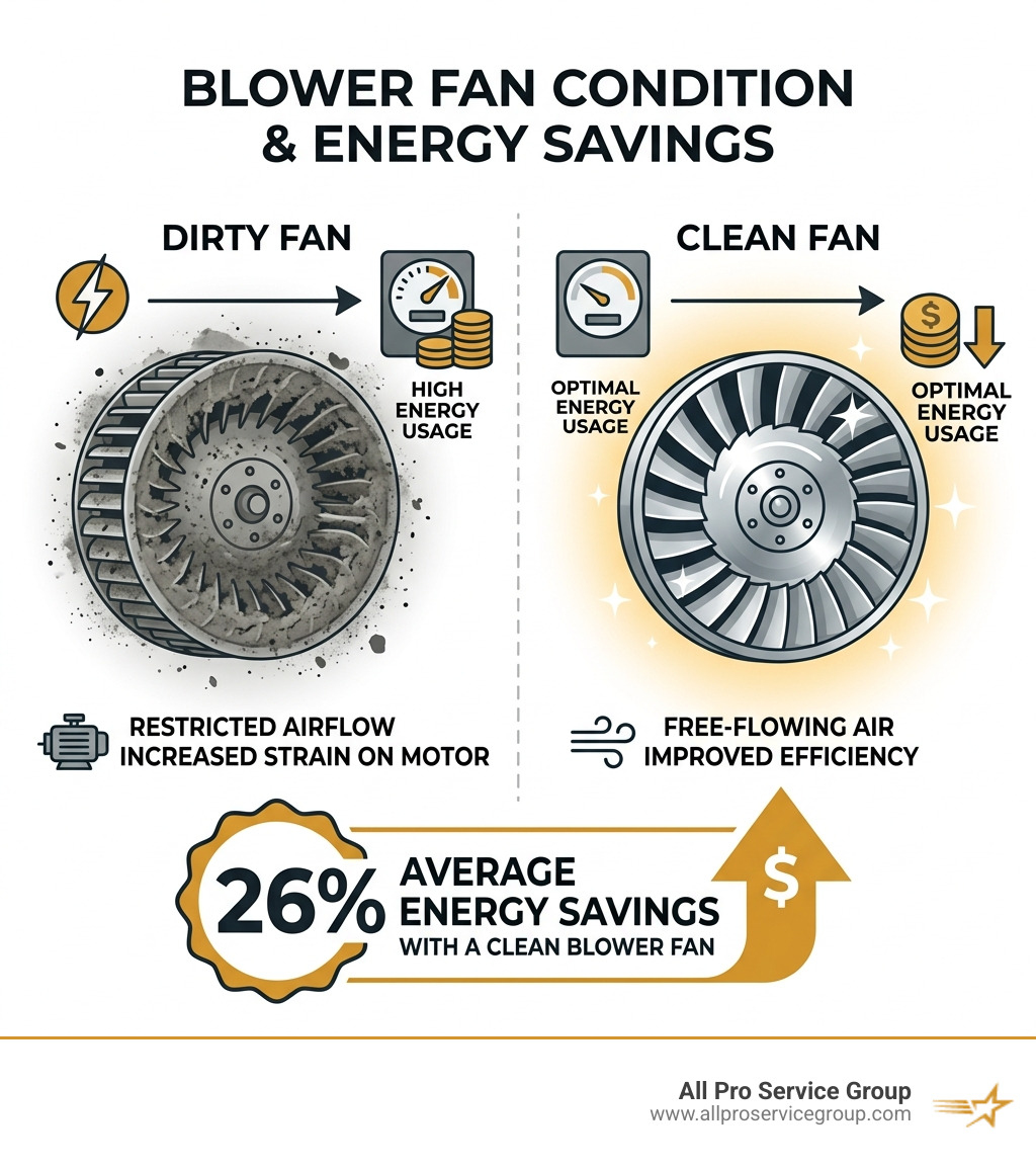Infographic showing clean vs. dirty HVAC blower fan and the resulting 26% average energy savings - residential air duct Infographic showing clean vs. dirty HVAC blower fan and the resulting 26% average energy savings - residential air duct