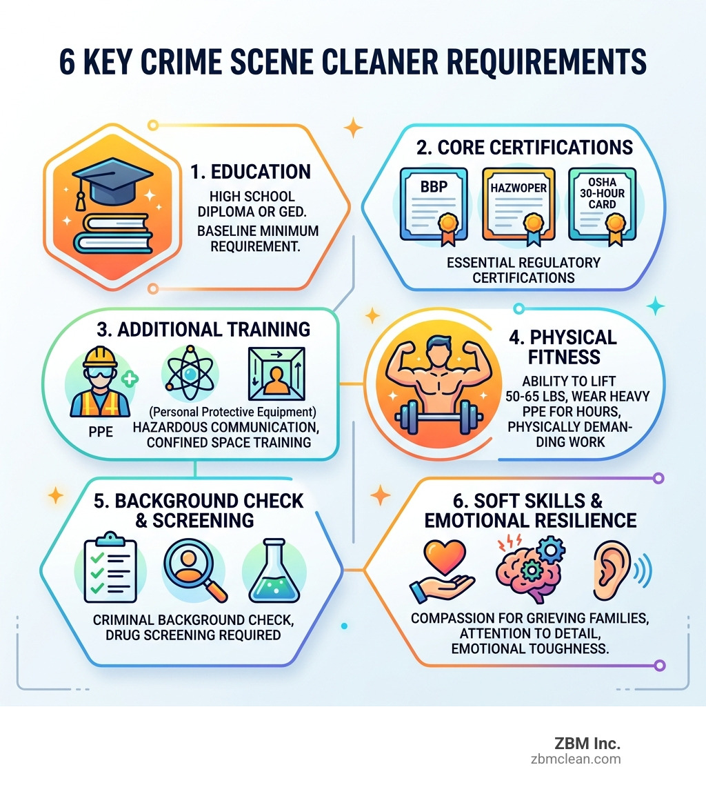 Infographic: 6 key crime scene cleaner requirements from education to certifications and physical fitness - crime scene Infographic: 6 key crime scene cleaner requirements from education to certifications and physical fitness - crime scene