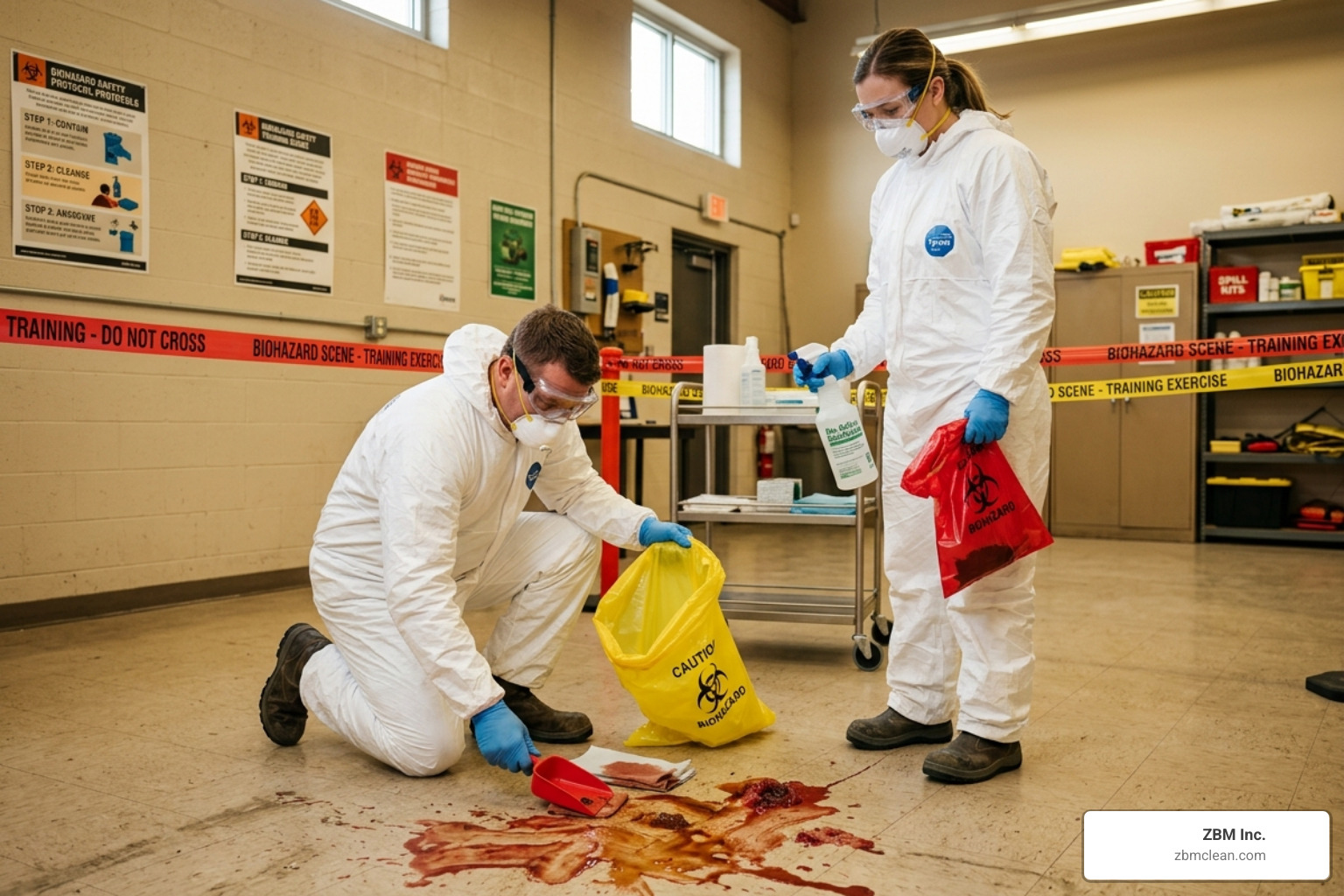A training simulation showing technicians practicing biohazard removal on a mock scene - crime scene cleaner requirements A training simulation showing technicians practicing biohazard removal on a mock scene - crime scene cleaner requirements