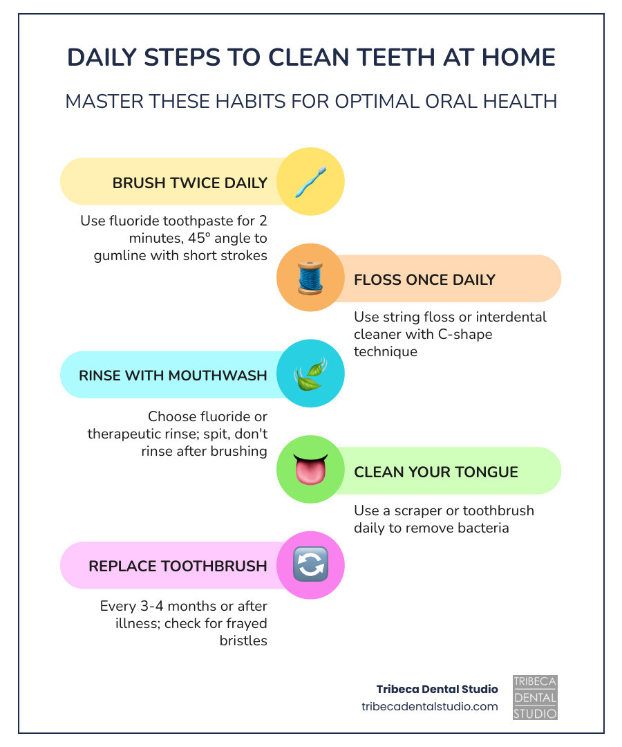 Infographic showing daily steps to clean teeth at home and 2026 oral health statistics linking gum disease to systemic Infographic showing daily steps to clean teeth at home and 2026 oral health statistics linking gum disease to systemic