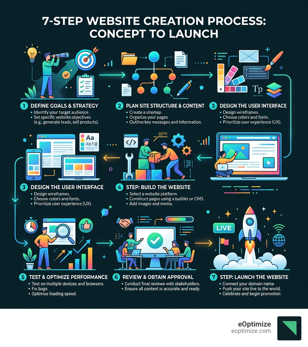 7-step website creation process from concept to launch infographic - website builders for business infographic 