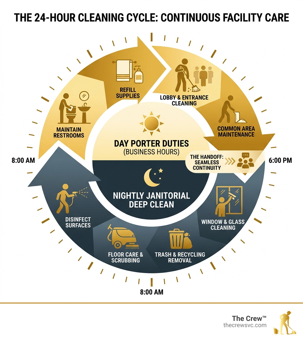 Infographic showing the 24-hour cleaning cycle: day porter duties during business hours handing off to nightly janitorial