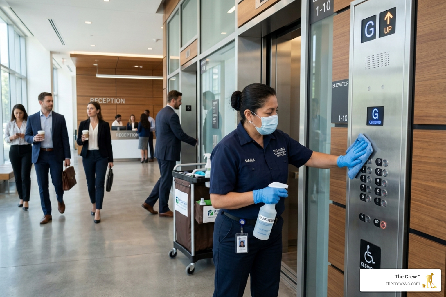 Professional day porter sanitizing high-touch surfaces in a common area lobby - day porter companies