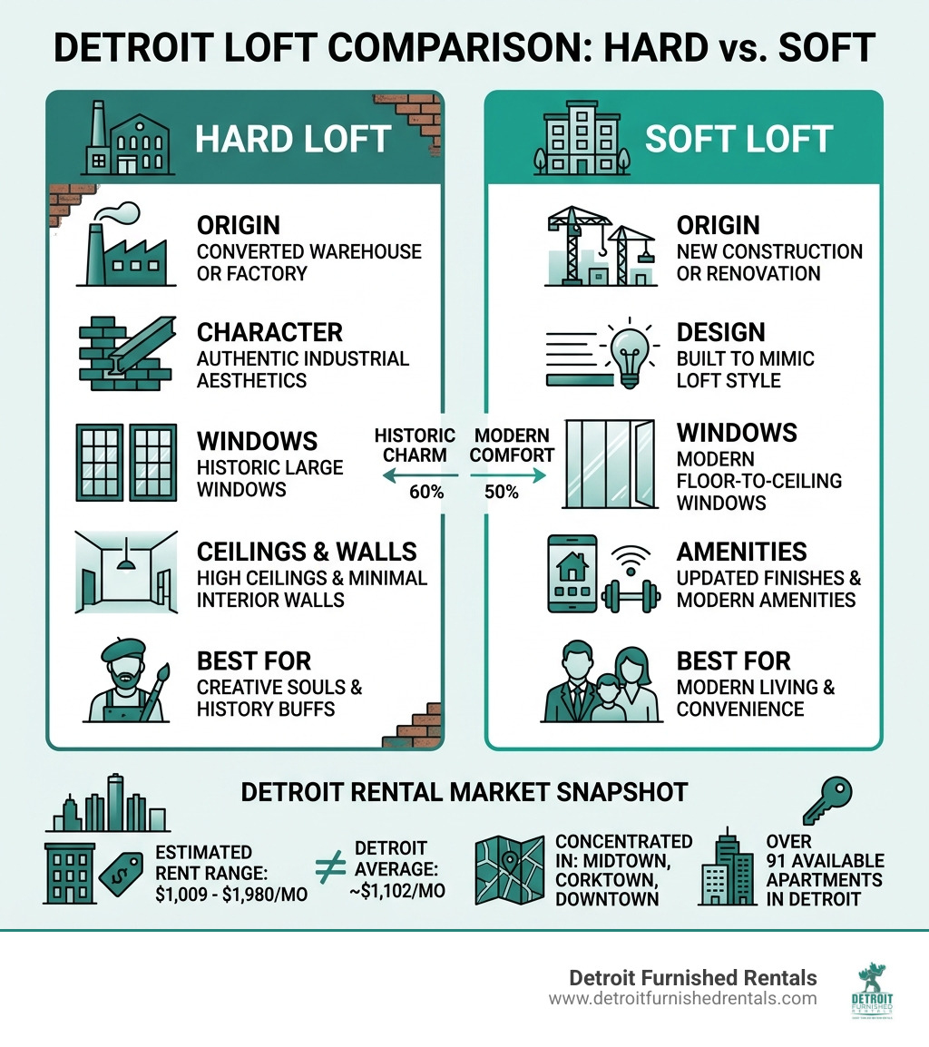 Hard loft vs soft loft comparison infographic for Detroit rental market - loft style apartments detroit infographic 