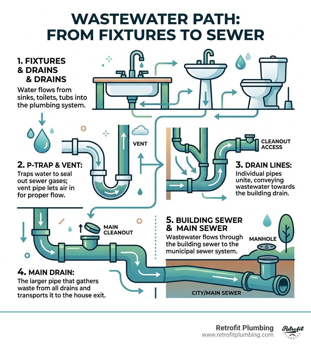 Step-by-step infographic showing wastewater path from home fixtures through P-trap, drain lines, to main sewer - fix clogged