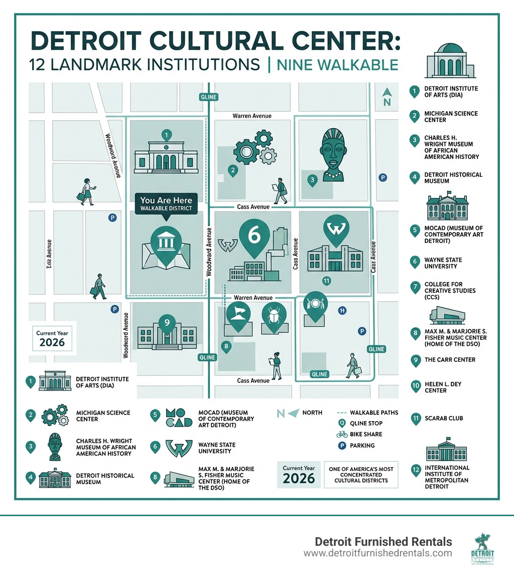 Infographic mapping 12 landmark institutions across nine walkable blocks of Detroit Cultural Center - Detroit cultural