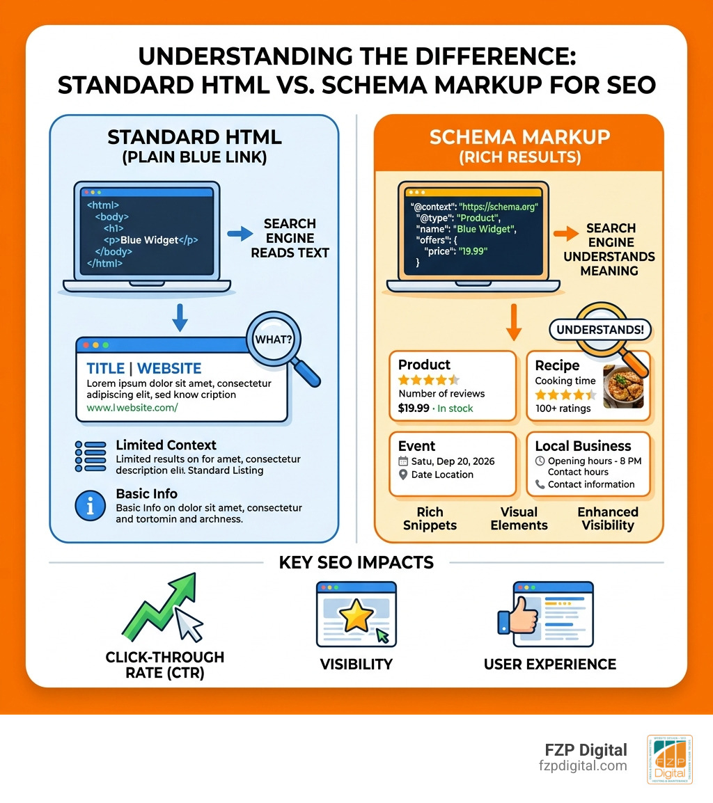 Infographic showing the difference between standard HTML and Schema Markup for SEO, with rich result examples - schema Infographic showing the difference between standard HTML and Schema Markup for SEO, with rich result examples - schema