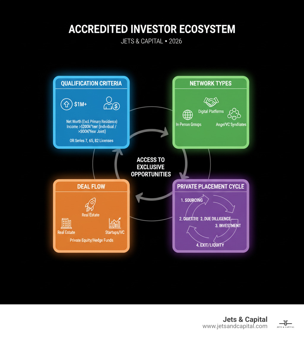 Accredited investor ecosystem showing qualification criteria, network types, deal flow, and private placement cycle Accredited investor ecosystem showing qualification criteria, network types, deal flow, and private placement cycle