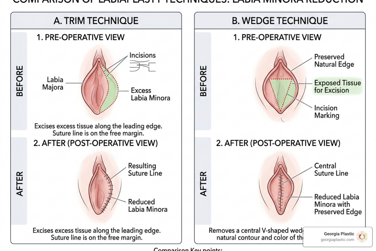 Illustration showing the difference between the trim technique and the wedge technique for labia reduction - labiaplasty Illustration showing the difference between the trim technique and the wedge technique for labia reduction - labiaplasty