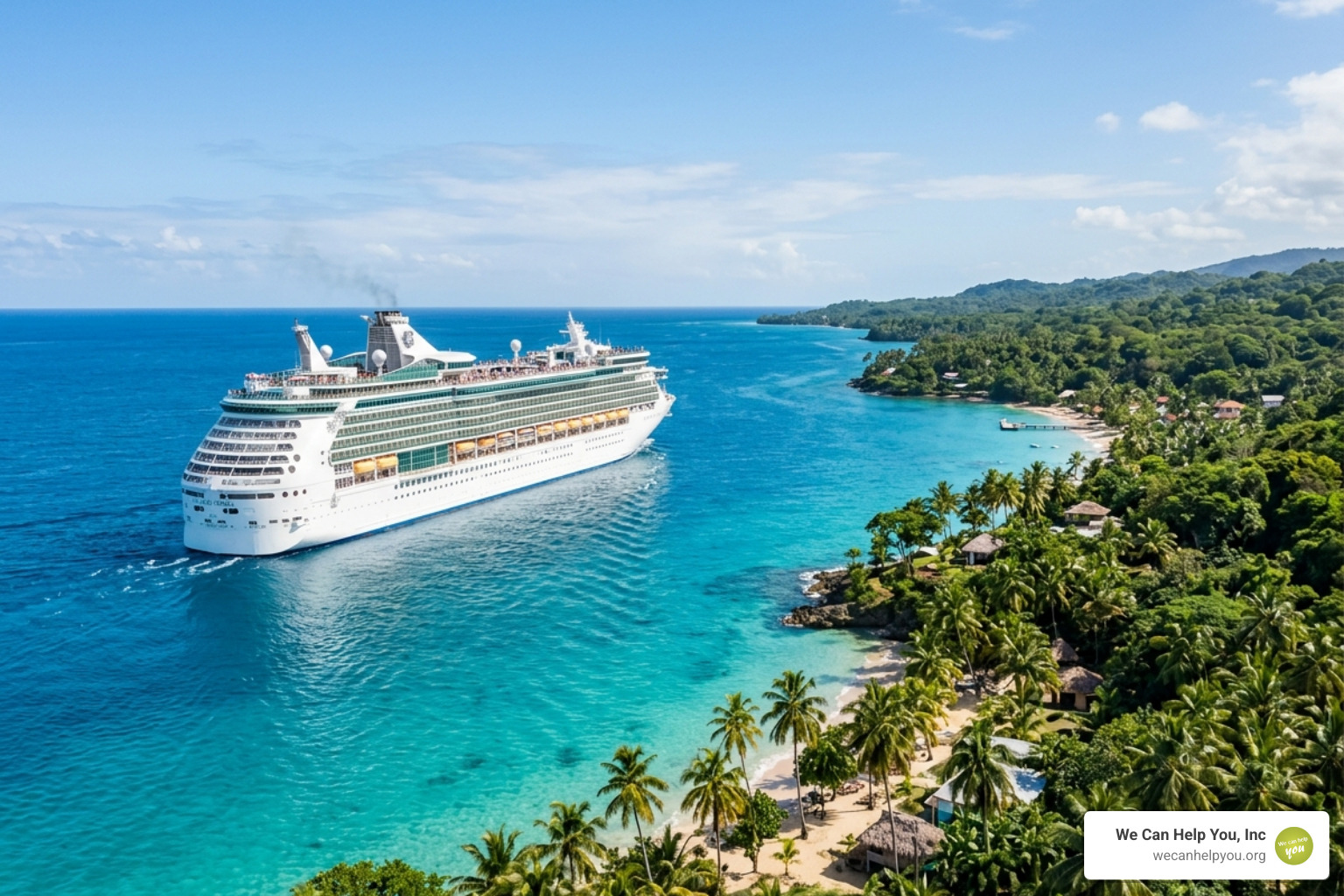 Cruise ship sailing near a tropical coastline - Medicare travel insurance Cruise ship sailing near a tropical coastline - Medicare travel insurance