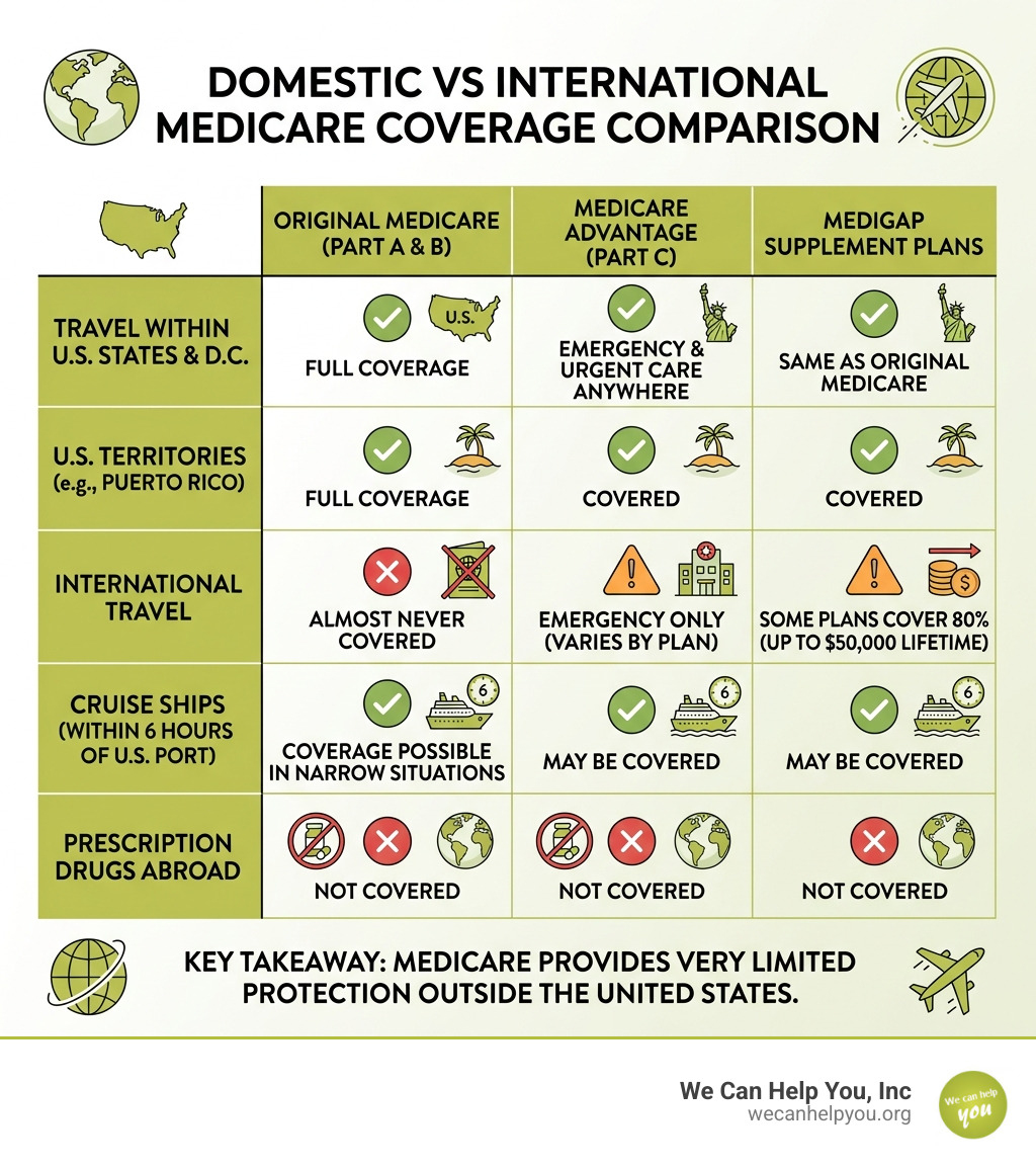 Infographic showing domestic vs international Medicare coverage comparison chart - Medicare travel insurance infographic Infographic showing domestic vs international Medicare coverage comparison chart - Medicare travel insurance infographic