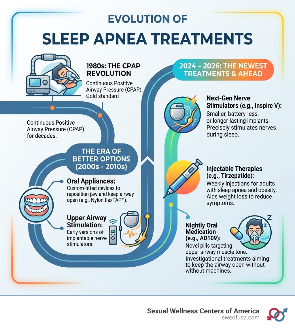 Evolution of sleep apnea treatments from CPAP in the 1980s to nerve stimulators and pills in 2026 - newest treatment for