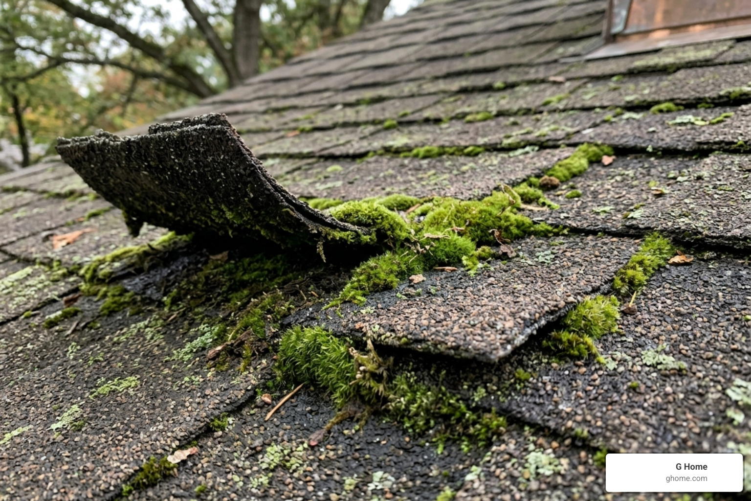 Close-up of green moss lifting the edges of asphalt shingles on a shaded roof - roof algae treatment Close-up of green moss lifting the edges of asphalt shingles on a shaded roof - roof algae treatment