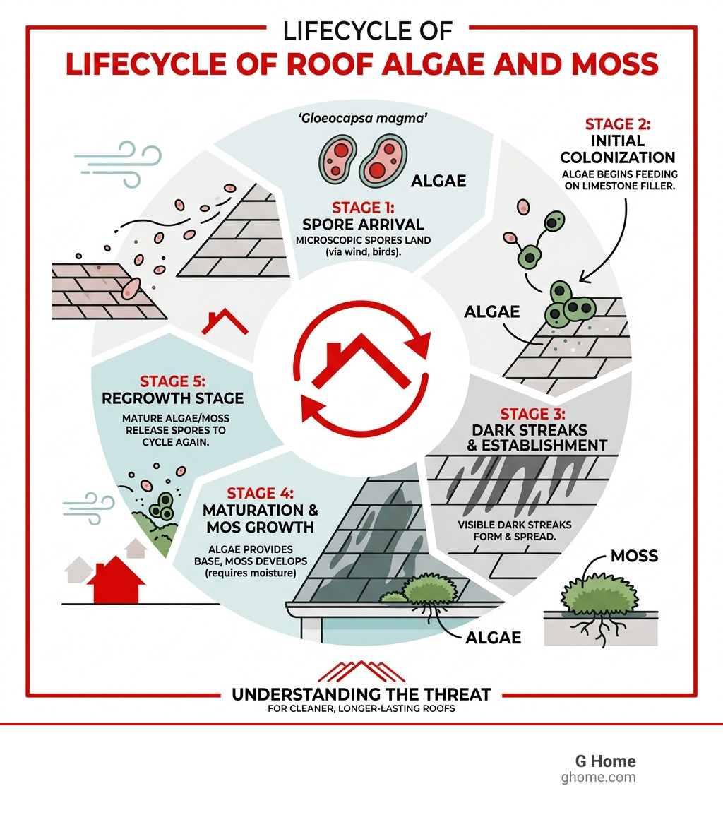 Lifecycle of roof algae and moss from spore to visible streaks and regrowth stages - roof algae treatment infographic Lifecycle of roof algae and moss from spore to visible streaks and regrowth stages - roof algae treatment infographic