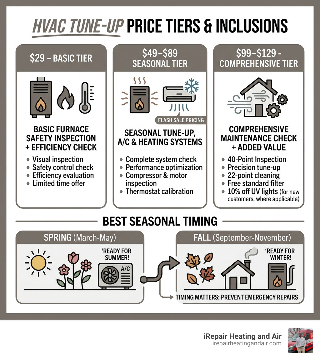 infographic showing HVAC tune-up price tiers, what's included at each level, and best seasonal timing - hvac tune up