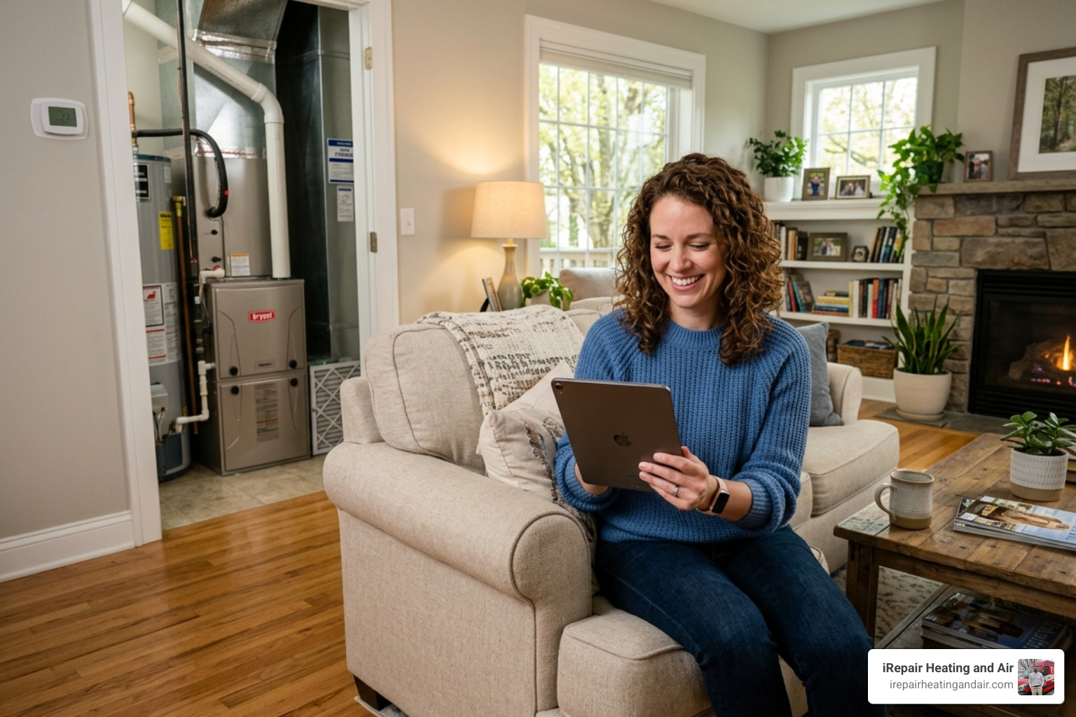 homeowner reviewing service coupons and digital HVAC deals - hvac tune up specials