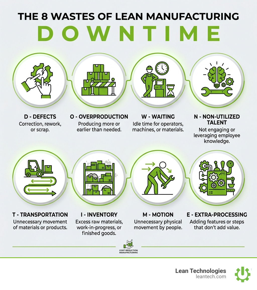 Infographic showing the 8 wastes of lean manufacturing (DOWNTIME) with icons and brief descriptions - cost reduction Infographic showing the 8 wastes of lean manufacturing (DOWNTIME) with icons and brief descriptions - cost reduction