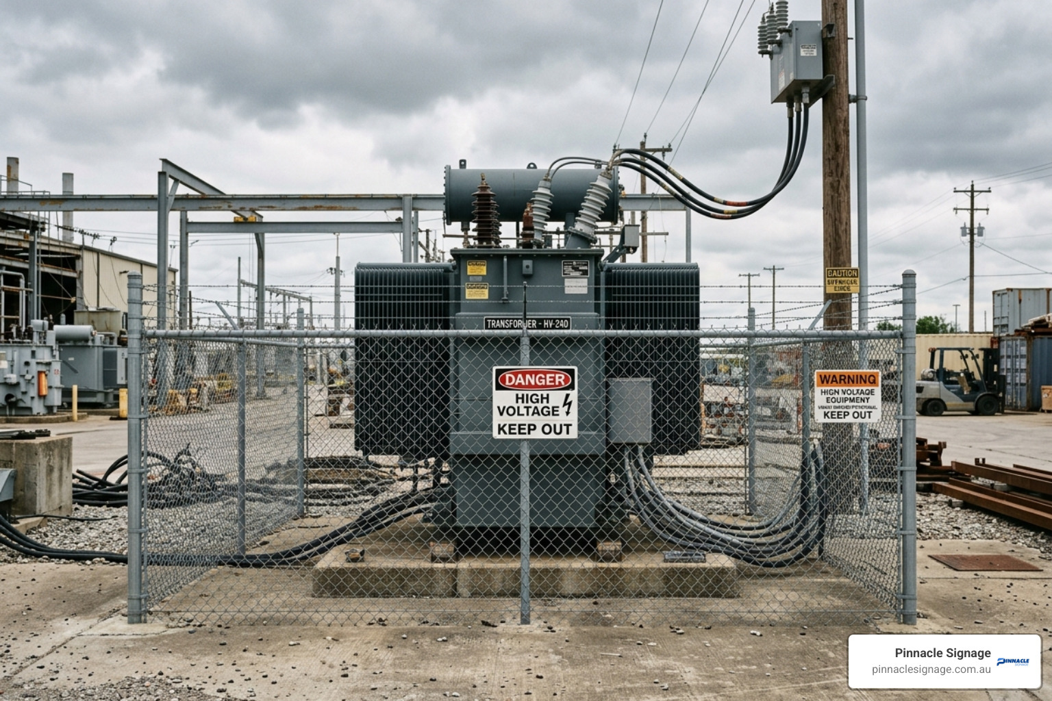 A large industrial transformer enclosed in a chain-link fence, displaying a "Danger High Voltage Keep Out" sign to communicate the high voltage warning sign meaning. A large industrial transformer enclosed in a chain-link fence, displaying a "Danger High Voltage Keep Out" sign to communicate the high voltage warning sign meaning.