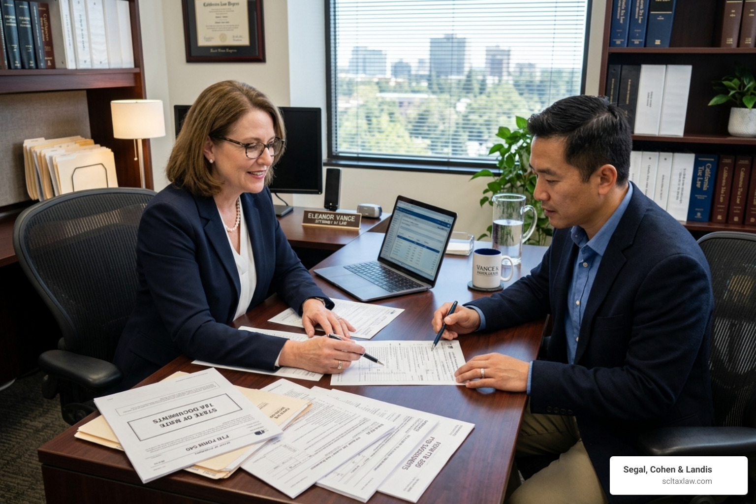 A graphic showing a tax lawyer assisting a client with FTB documents - ca state franchise board