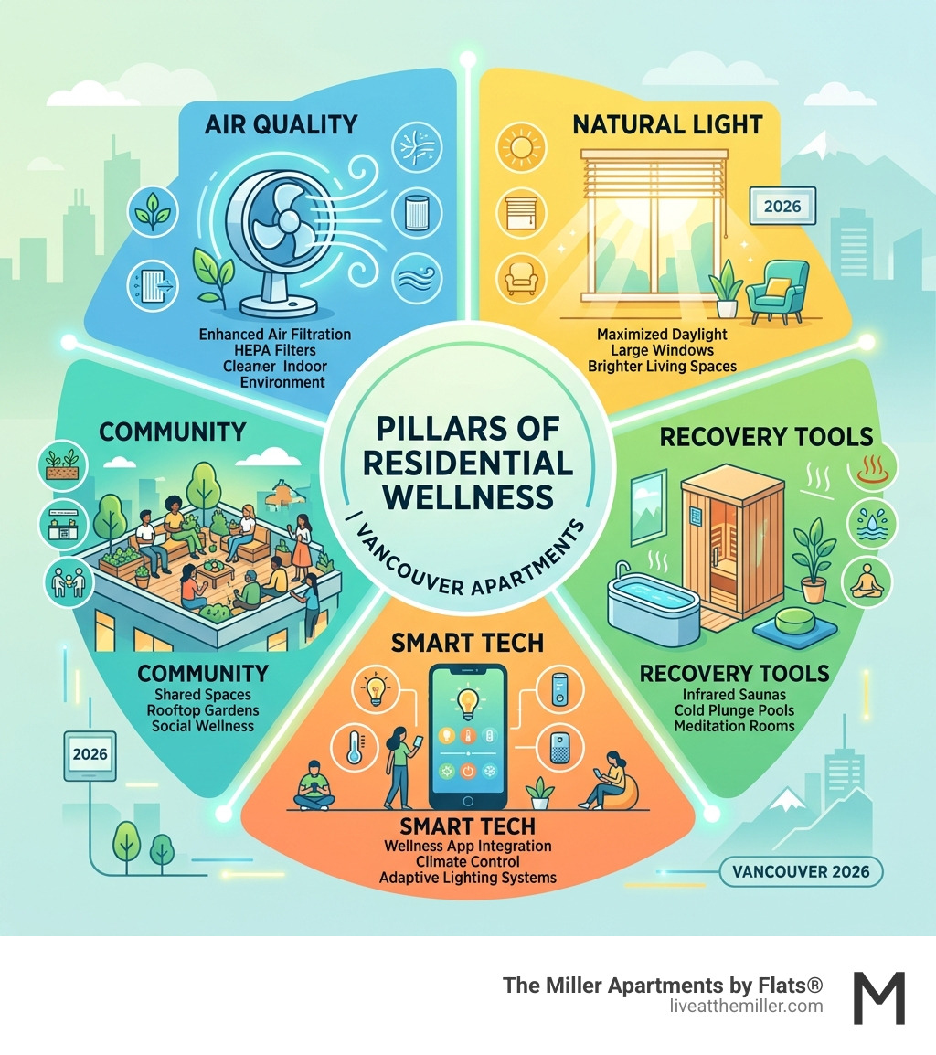 Pillars of residential wellness including air quality, natural light, recovery tools, smart tech, and community - wellness