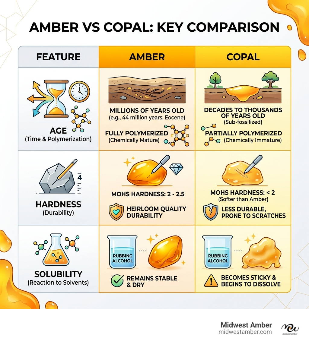 Table comparing amber and copal by age, hardness, and solubility - amber vs copal infographic Table comparing amber and copal by age, hardness, and solubility - amber vs copal infographic
