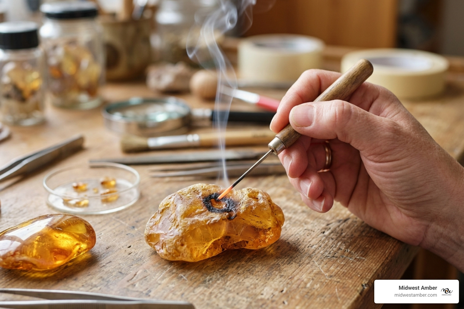 A person performing the hot needle test on a piece of resin, showing the smoke and reaction - amber vs copal A person performing the hot needle test on a piece of resin, showing the smoke and reaction - amber vs copal