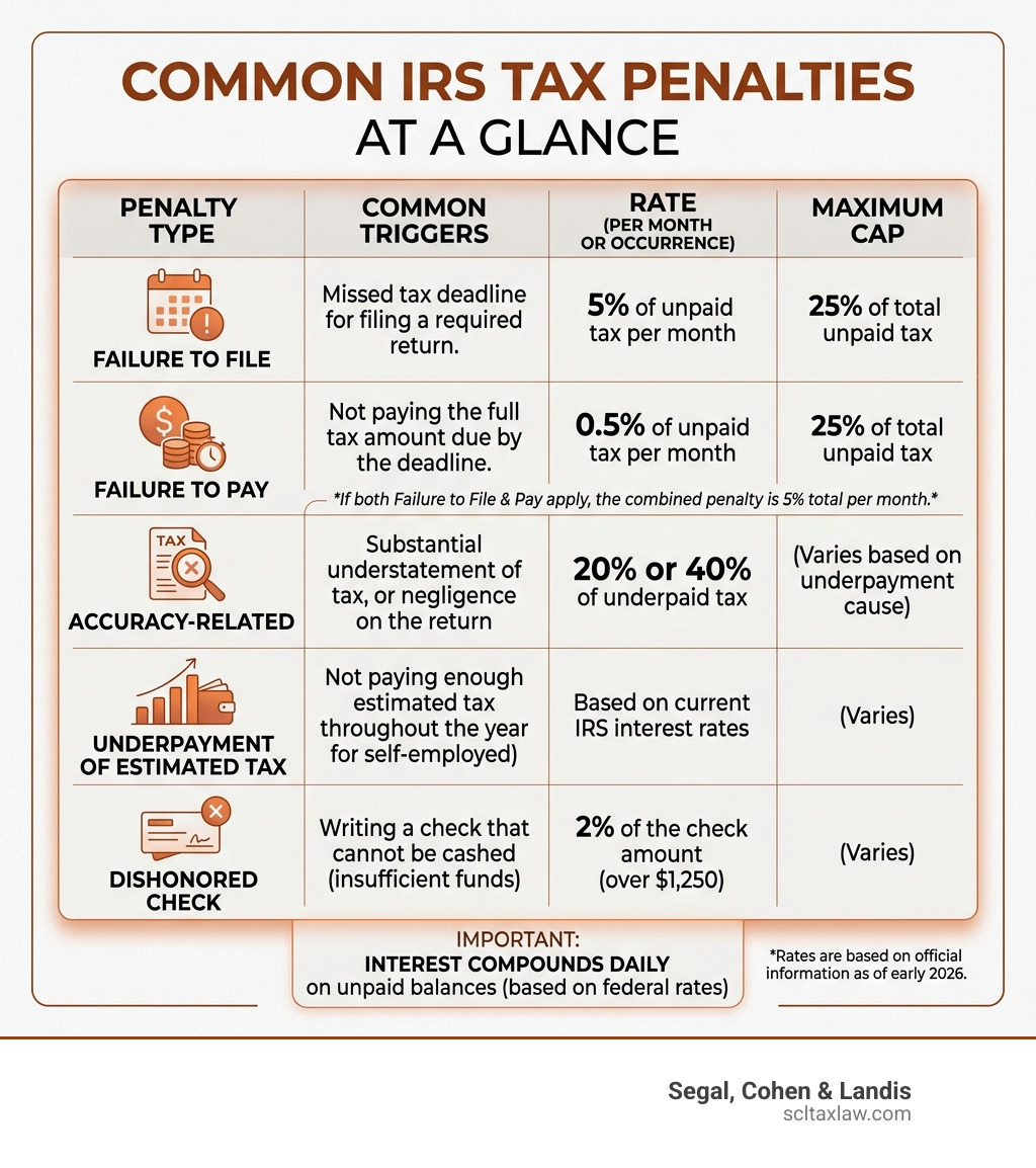 Common IRS tax penalties, their triggers, rates, and maximum caps - IRS Tax Penalties infographic 