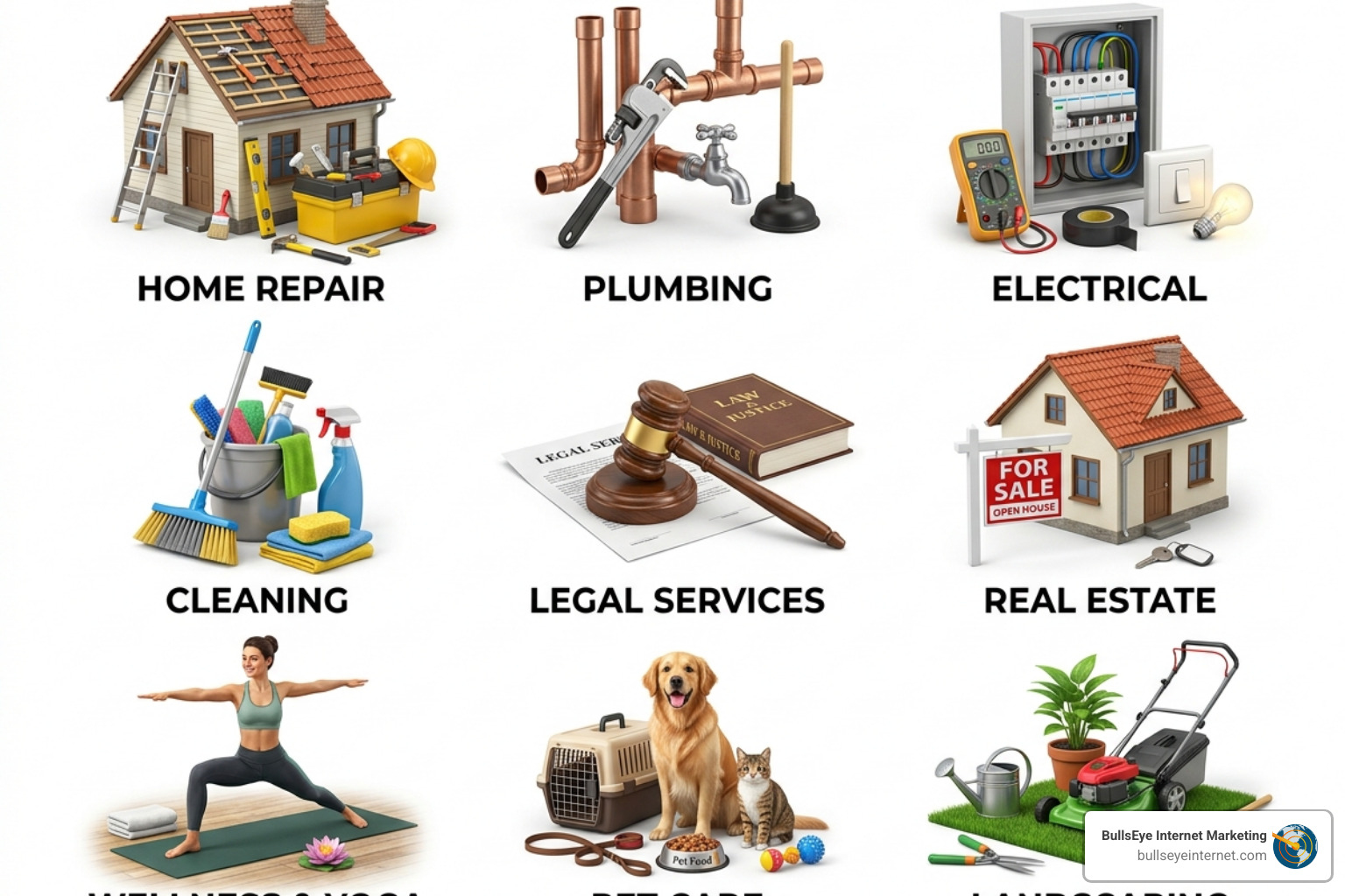 Icons representing various local service ads categories like home repair, legal, and wellness - local service ads categories Icons representing various local service ads categories like home repair, legal, and wellness - local service ads categories