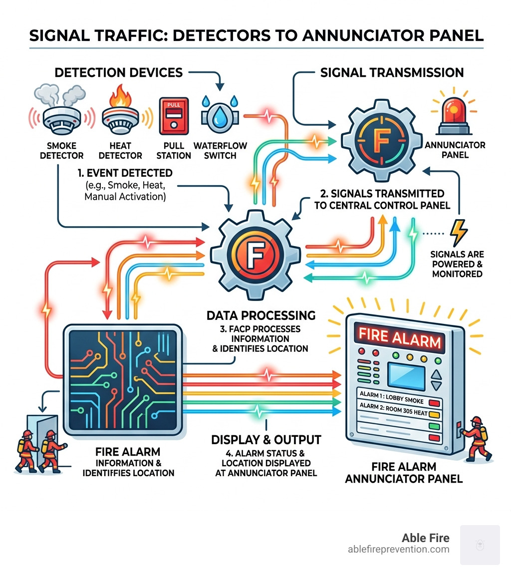 How fire alarm signals travel from detectors to the annunciator panel — infographic - fire alarm annunciator panel