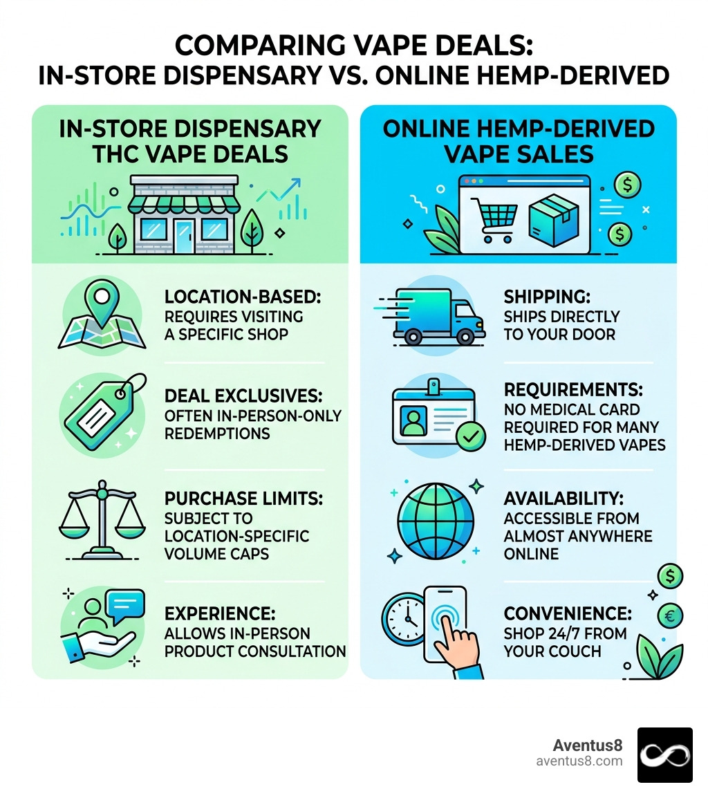 Infographic comparing in-store dispensary THC vape deals vs online hemp-derived vape sales - THC vape deals infographic 