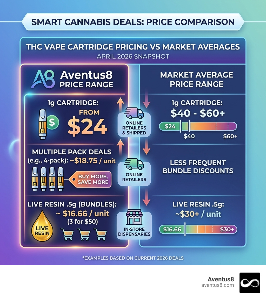 Table of Aventus8 vape cartridge pricing vs market averages - THC vape deals infographic 