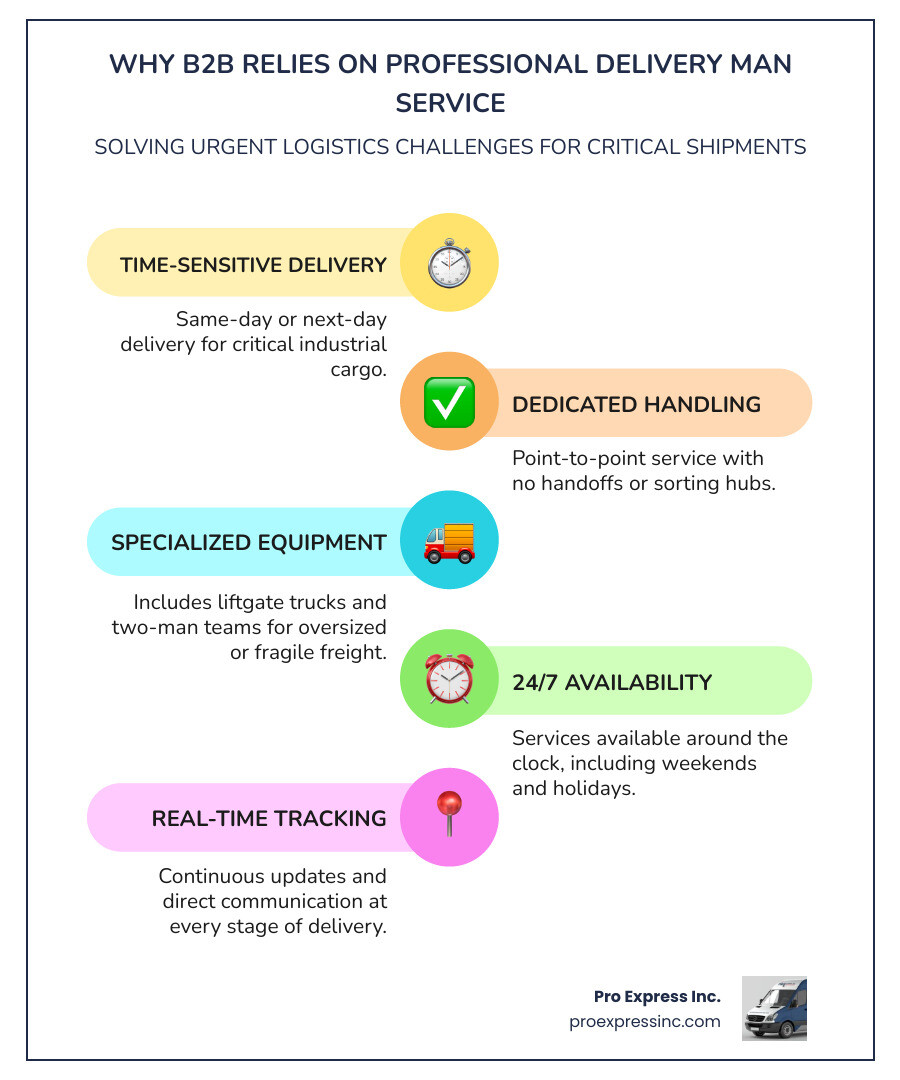 Infographic showing how a professional delivery man service handles expedited freight from pickup to final delivery