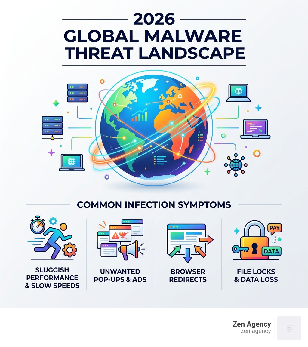 infographic showing 2026 global malware threat landscape and common infection symptoms - malware removal service infographic infographic showing 2026 global malware threat landscape and common infection symptoms - malware removal service infographic